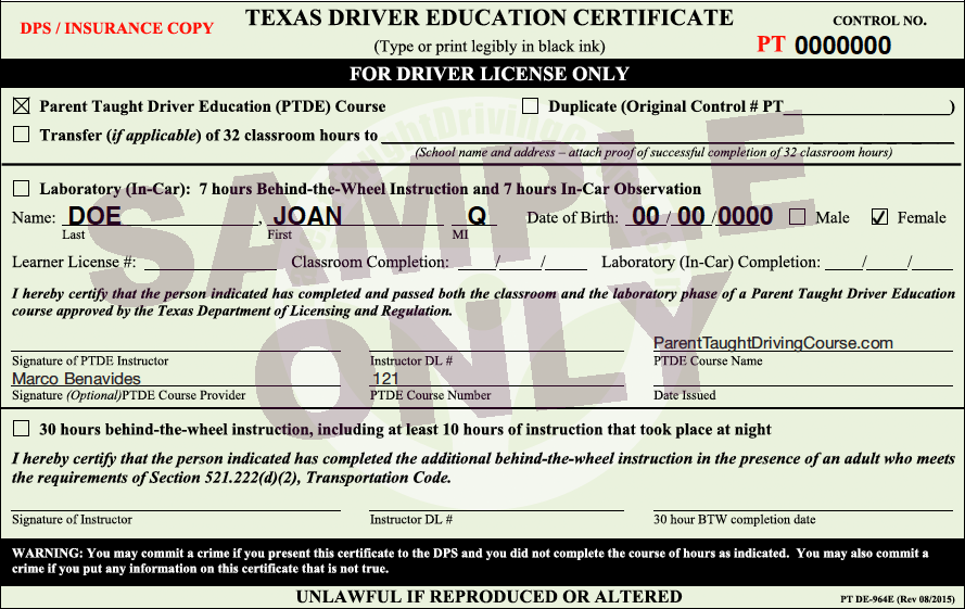 Drivers ed certificate teen
